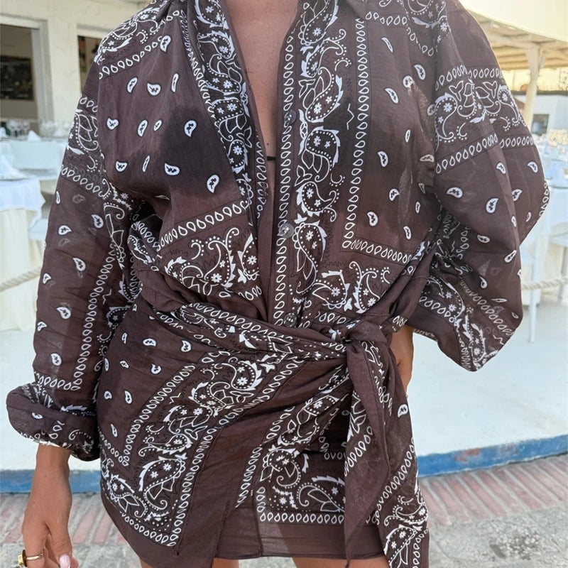 Bandana Print Cropped Shirt&Bottoms Set Button-Down Shirt Skirt/Pants Spring Boho Western Women Suit Holiday Casual Outfit