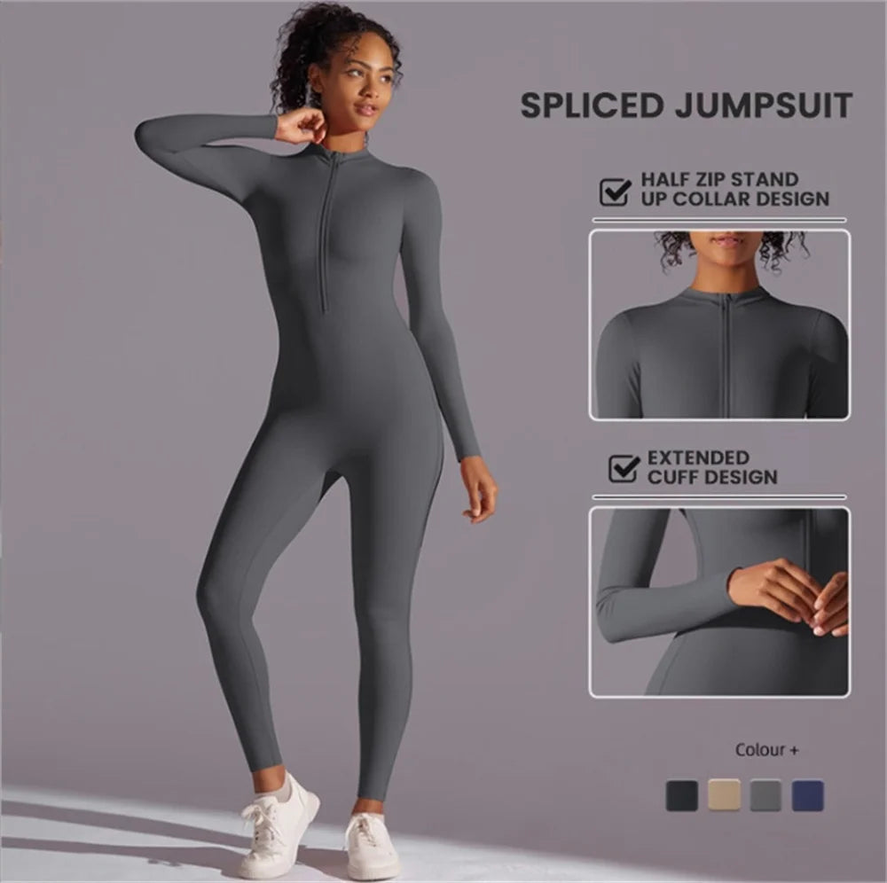 Half zip integrated long yoga jumpsuit solid color sexy long sleeved integrated sportswear for women
