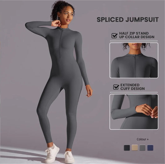 Half zip integrated long yoga jumpsuit solid color sexy long sleeved integrated sportswear for women