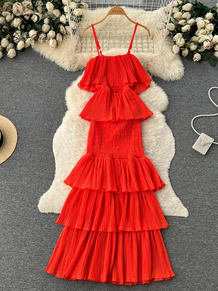 SINGREINY Women Hotsweet Chiffon Sundress Strap Cake Backless Sheath Bodycon Long Dress Vacation Retro Elastic Beach Dress