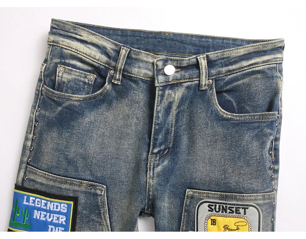 Men's Badge Patch Boot Cut Jeans Rivet Vintage Retro Blue Stretch Denim Pants Streetwear Slim Flared Trousers