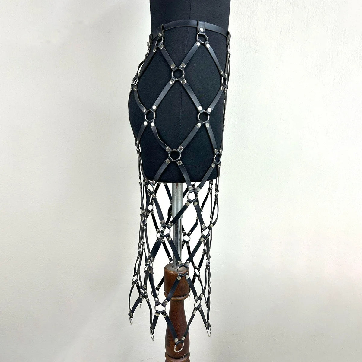 Handmade PU Leather With Ring Skirt,  Adjustable Cage Netting Design Skirt With Tassels, Pu Leather Skirt Harness, Rave Outfit.