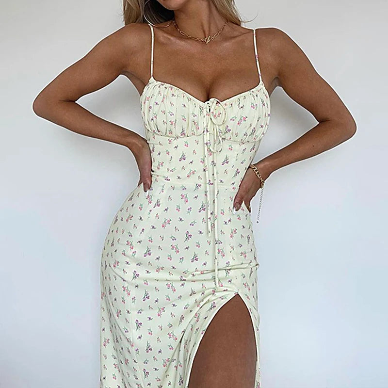Women Summer Floral V Neck Spaghetti Strap Cam Dress Female Robe Sexy Bodycon Split Chic Mid-Calf Aesthetic Dress