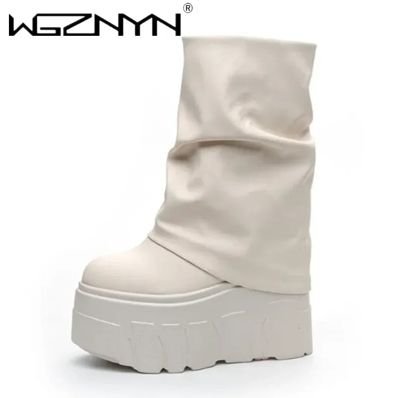 14CM New Ankle Booties Shoes Natural Microfiber Leather Boots 2025 Winter Women Motorcycle Boots Platform Ladies Fashion Botas