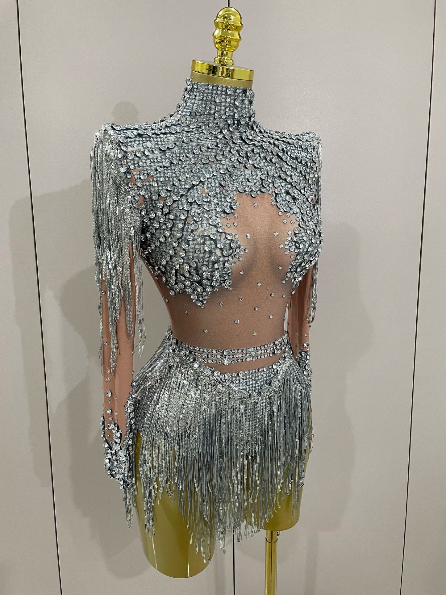 Women Sparkly Rhinestone Sequin Tassel Stretch Bodysuits 2025 New Arrival Birthday Party Nightclub Dj Stage Performance Costume