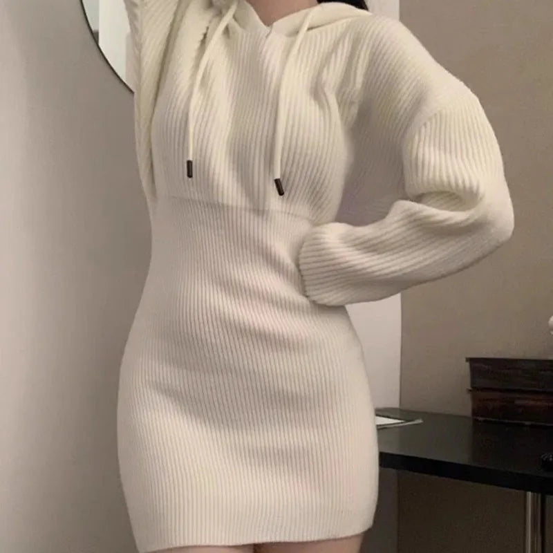 White Thicken Knit Mini Dress Woman Korean Elastic High Waist Bandage Dresses Women Hooded Outwear Long Sleeve Slim Dress