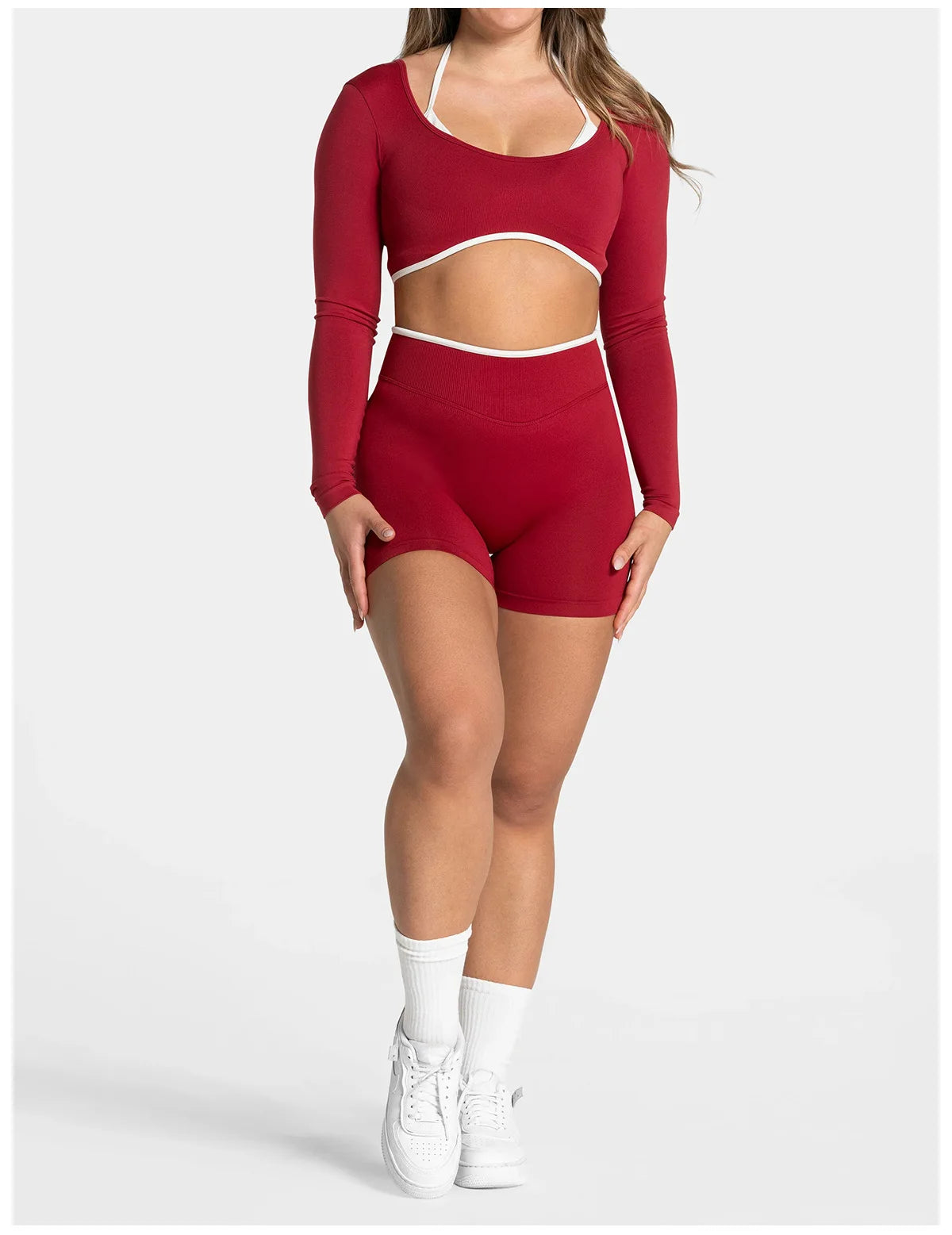 Women's Color Block Yoga Set Long Sleeve Top & High Waisted Shorts Butt Lifting Tummy Control 4-Way Stretch Workout Gym Fitness