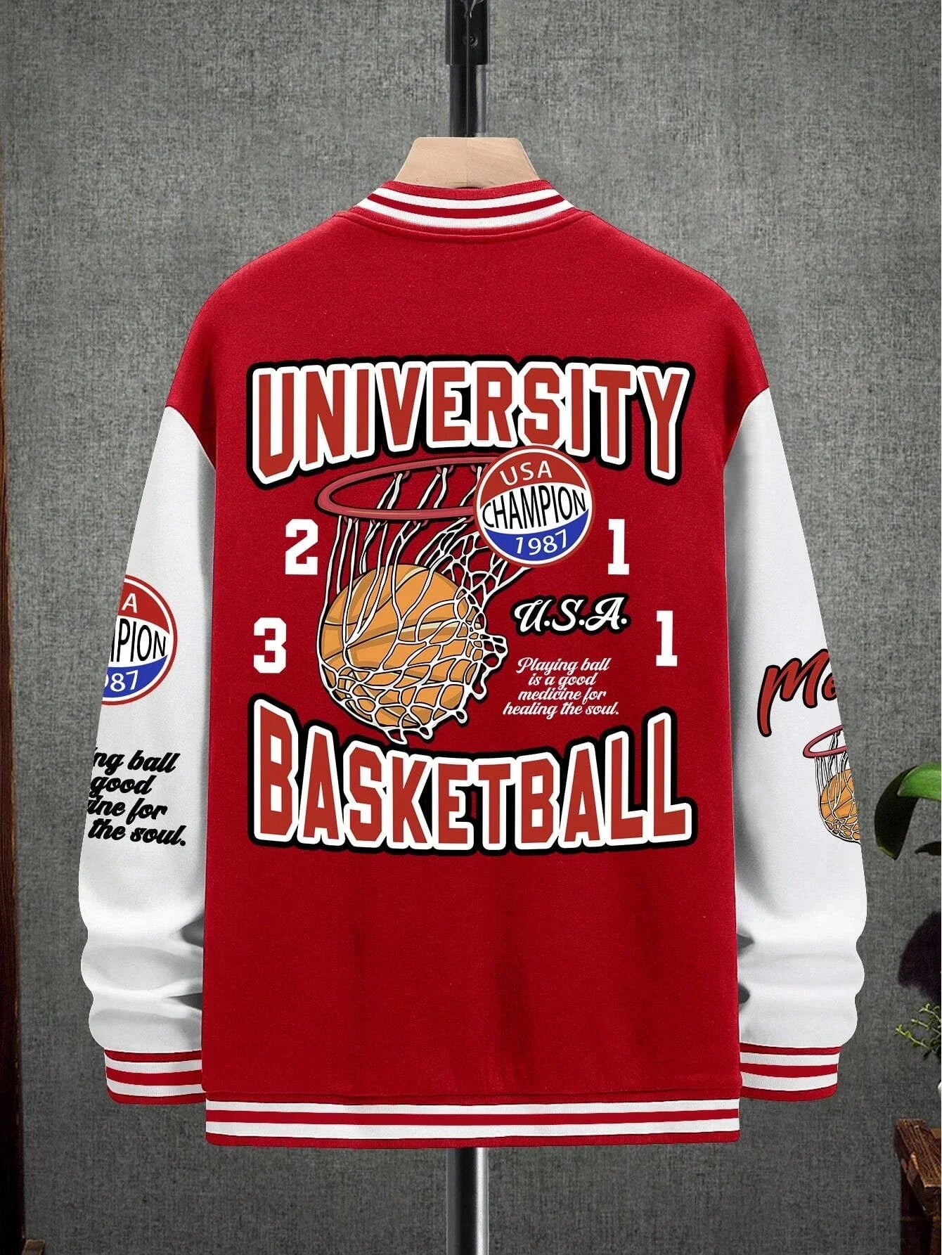 Manfinity EMRG Übergroße College-Jacke für Herren mit überschnittenen Schultern, gestreiftem Rand mit Buchstabengrafik und Farbblockdesign