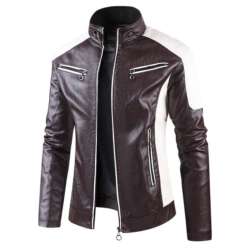 2025 New Color Blocked Stand Up Collar PU Leather Motorcycle Bike Jackets for Men,multi-color Spring Autumn  Thin Casual PU Coat