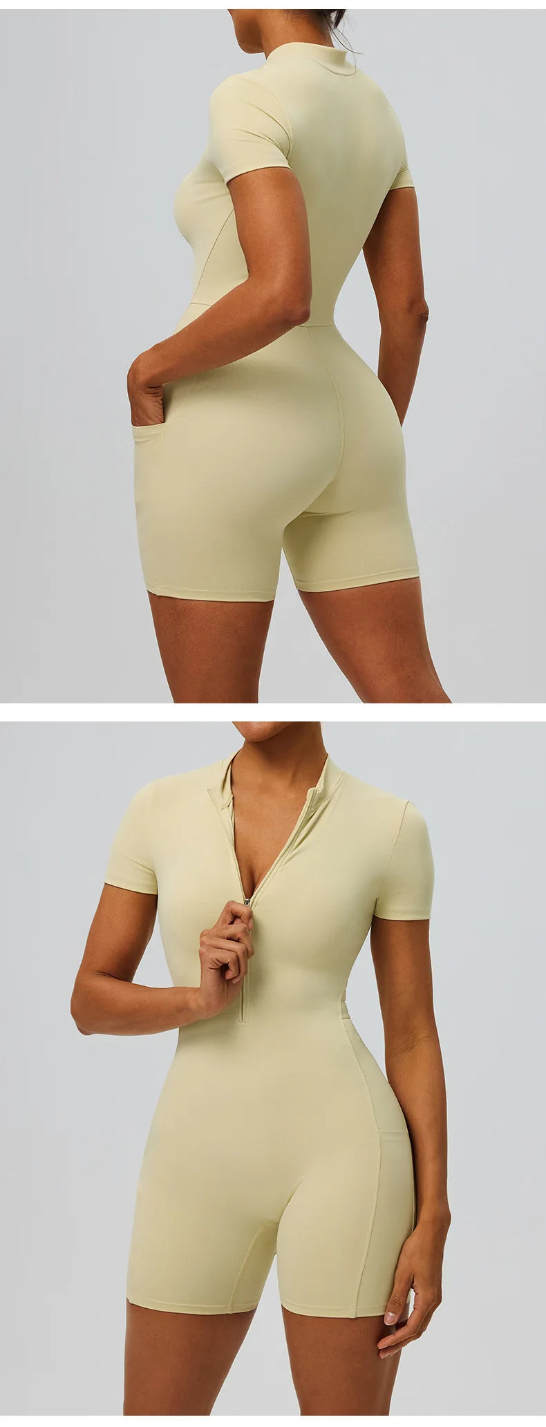 Women's zipper short sleeved yoga jumpsuit with functional pockets for hip lifting and tight fitting sports jumpsuit shorts