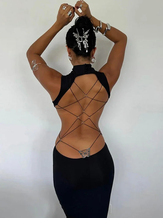 Butterfly Backless Sexy Evening Party Club Birthday Y2K Maxi Dress Outfits Women Summer Stand Collar Sleeveelss Bodycon Dresses