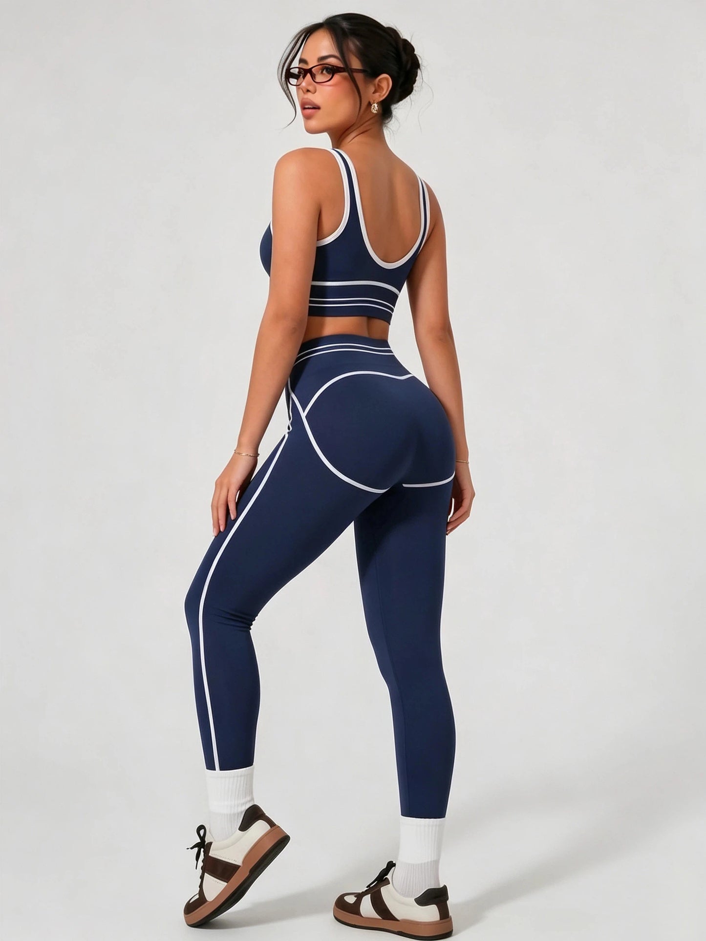 Contrast Trim Activewear Set Women Crop Tank Top High Rise Tummy Control Leggings Two Piece Sport Fitness Outfit