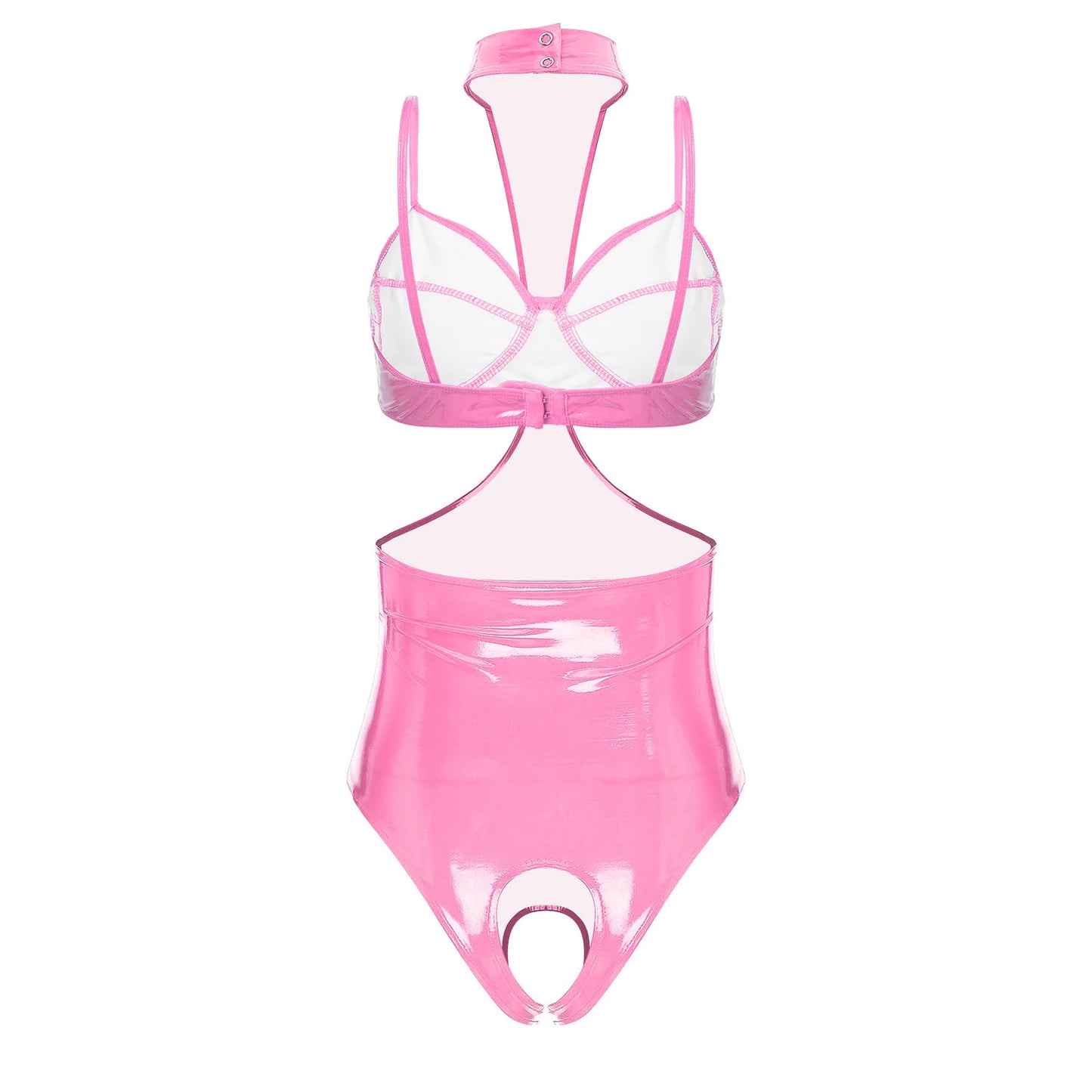 Womens Glossy Halter Cutout Crotchless Bodysuit And Bra Lingerie Set Open Chest Teddies Wet Look Faux Leather Rave Clubwear