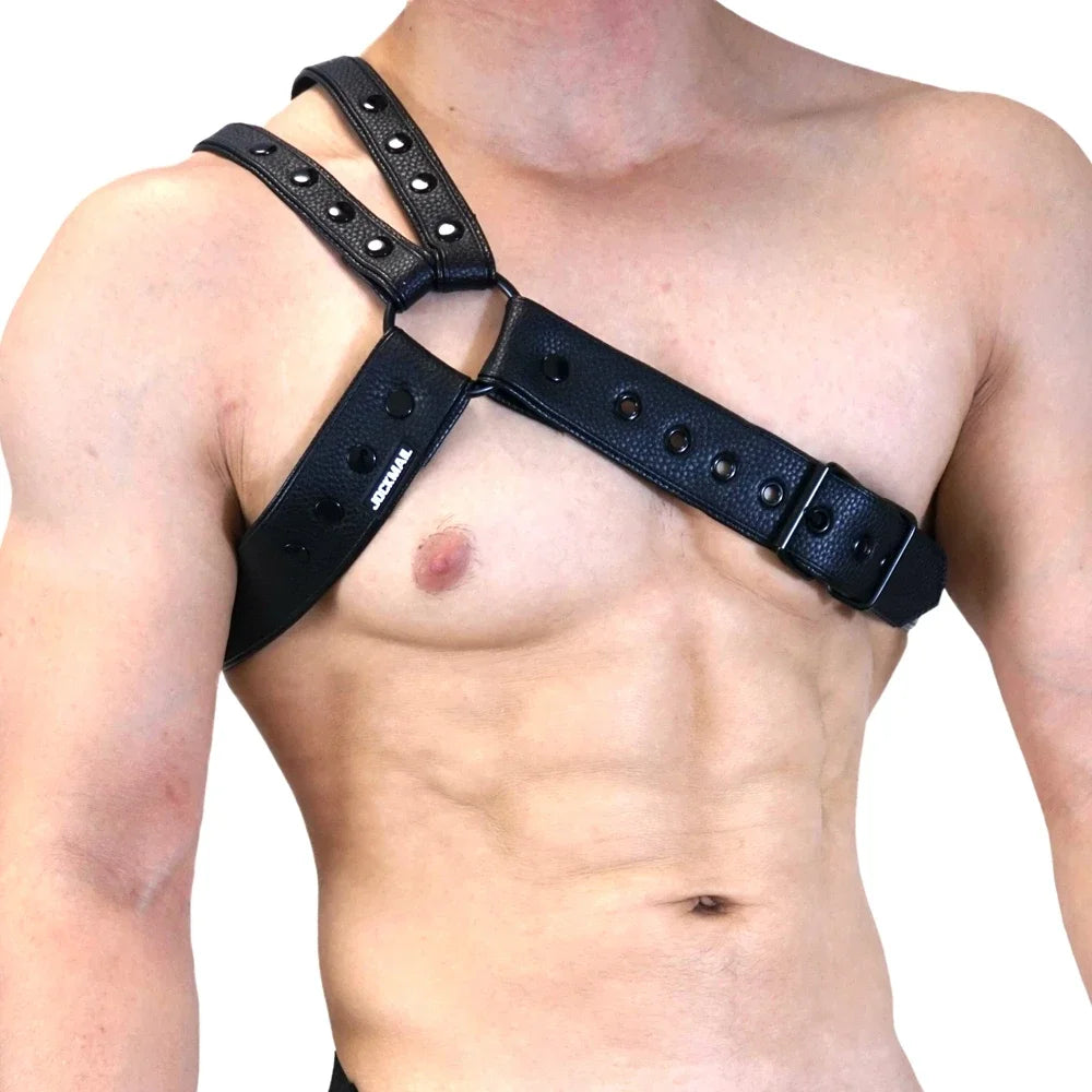 Men's Leather Tri Harness Chest Armor Buckles Adjustable Size Removable Pouch Faux Leather Jockstrap Underwear  Costumes