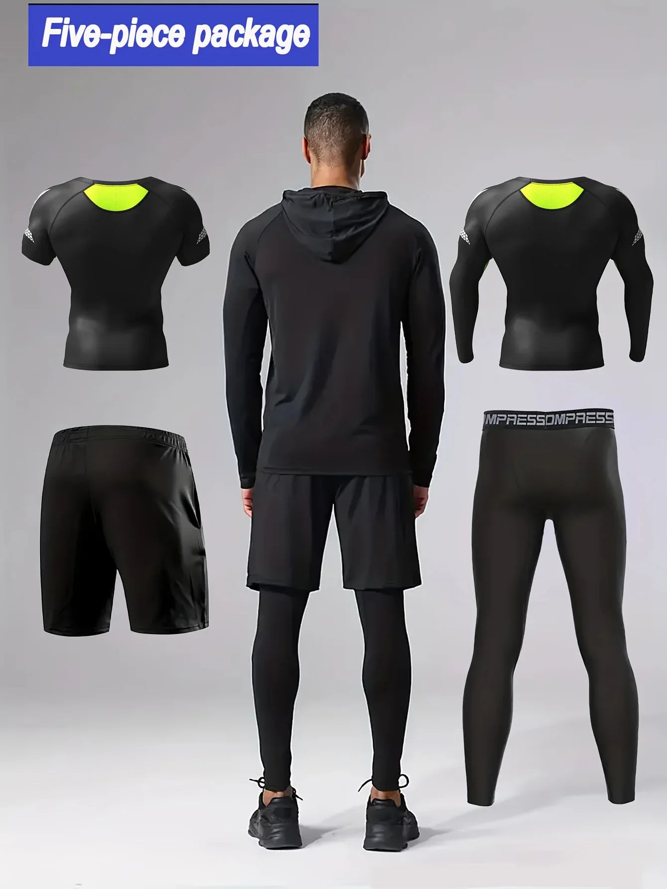 Men's fitness set of 5 pieces, quick-drying clothing, suitable for fitness, basketball and training, highly elastic set