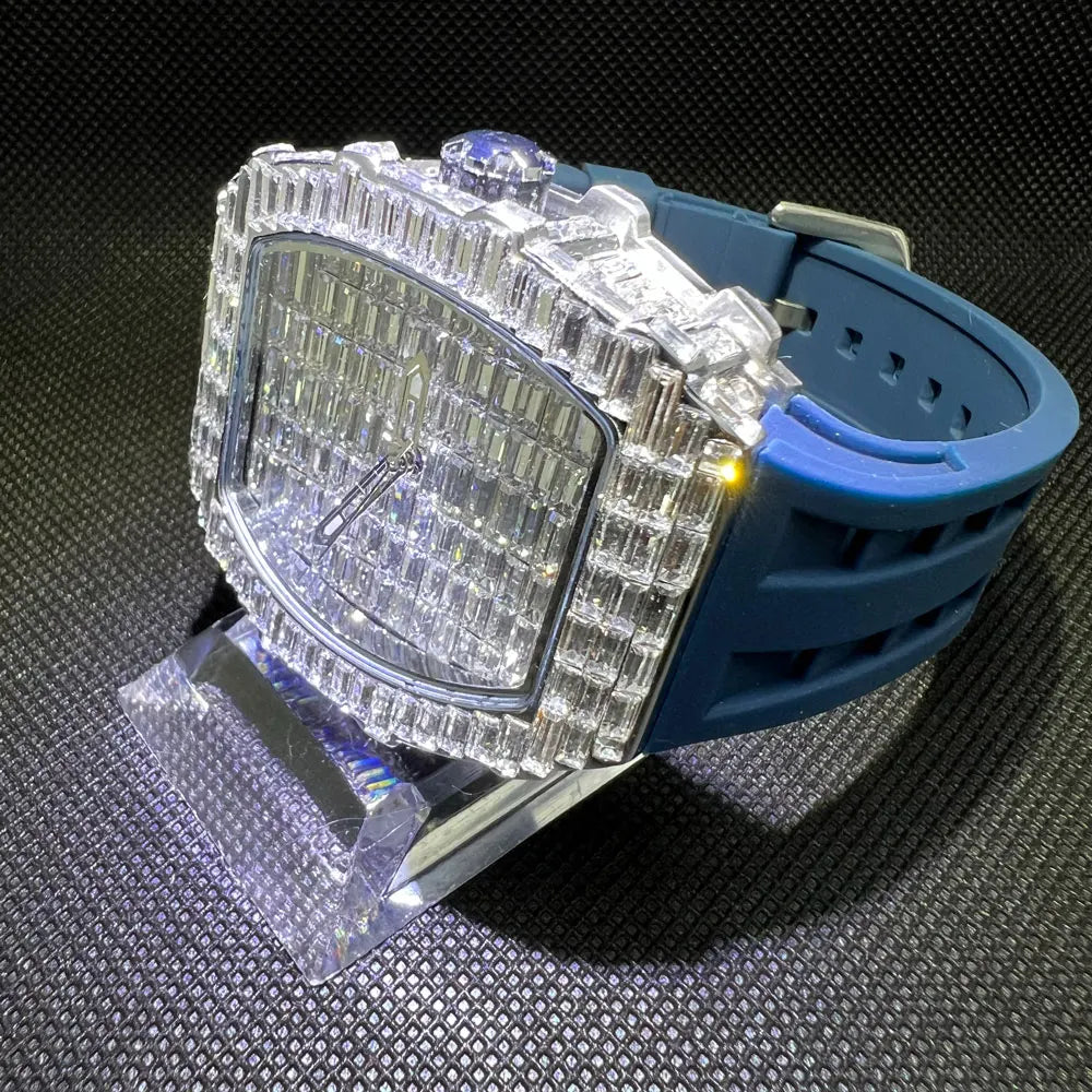 Luxusmarke Herrenuhr Mode Einzigartige Tonneau Uhren Diamant Blingbling Zifferblatt Wasserdicht Gummiband Armbanduhr Heißer Verkauf Geschenk