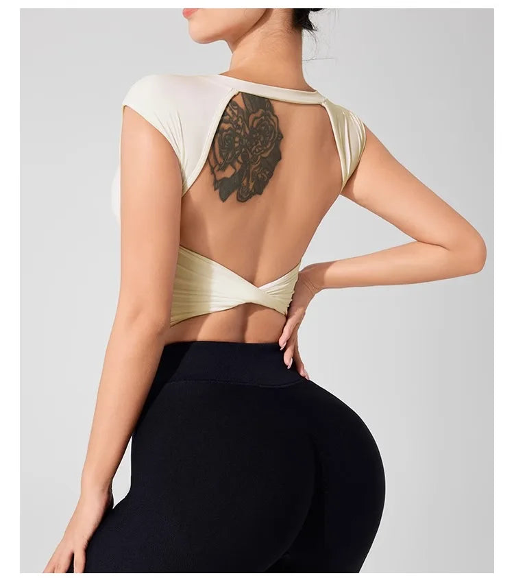 Women's Backless Fitness Clothes with Fixed Chest Pad Beautiful Top Short Sleeve Dance Sport  T-Shirt Yoga Wear