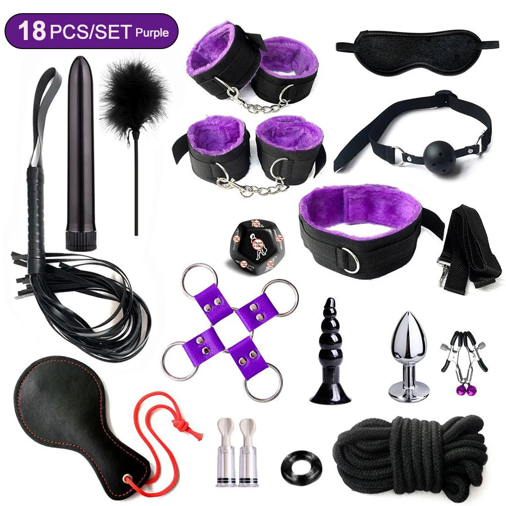Hot Exotic Bed B+ndage Set B+SM Kits Exotic S*x Toys For Women  Adults Games Leather Handcuffs Whip Gag Nipple Clamps S*x