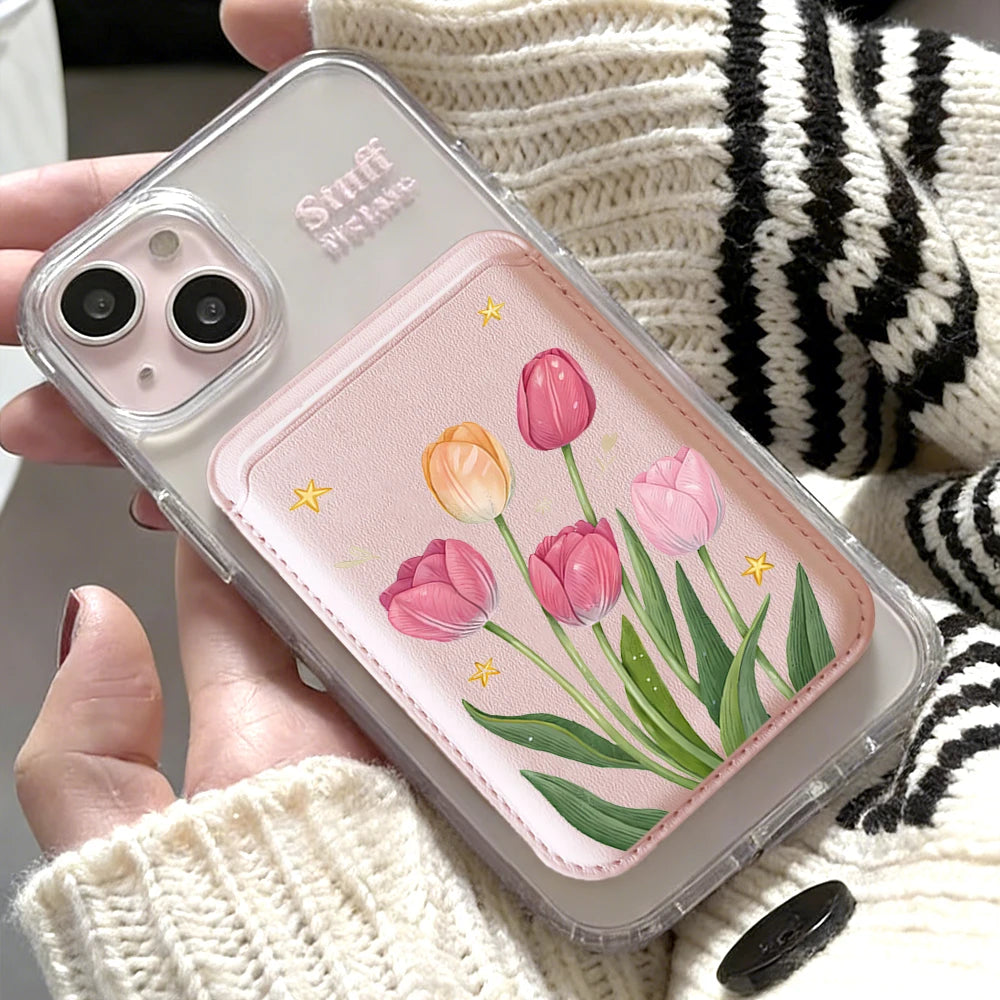 Tulip Flowers Leather Card Wallet Cases Phone Card Holder Magnetic Case Suitable For all iPhone for Magsafe Card Phone Back Bag
