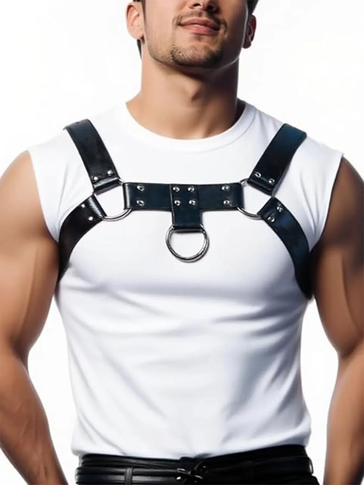 Men’s PU Leather Chest Harness O Ring Body Harness Adjustable Shoulder Strap Punk Streetwear