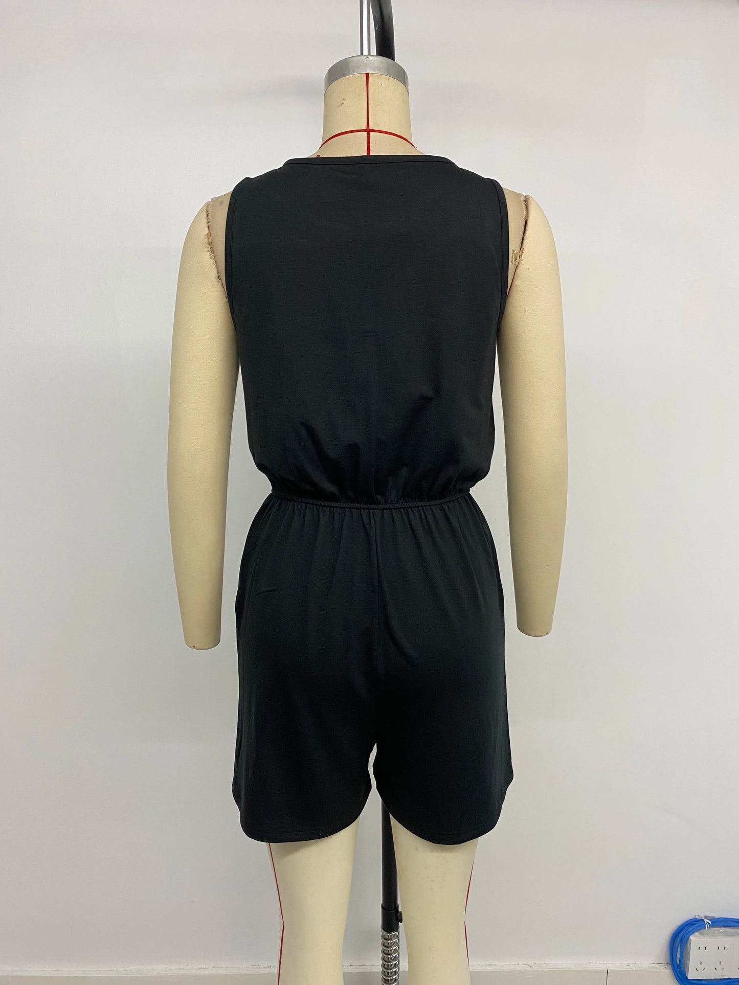 Womens Black Sleeveless Notch Neck Zip Front Drawstring Waist Romper Fashion Comfortable Summer Casual Daily Playsuit