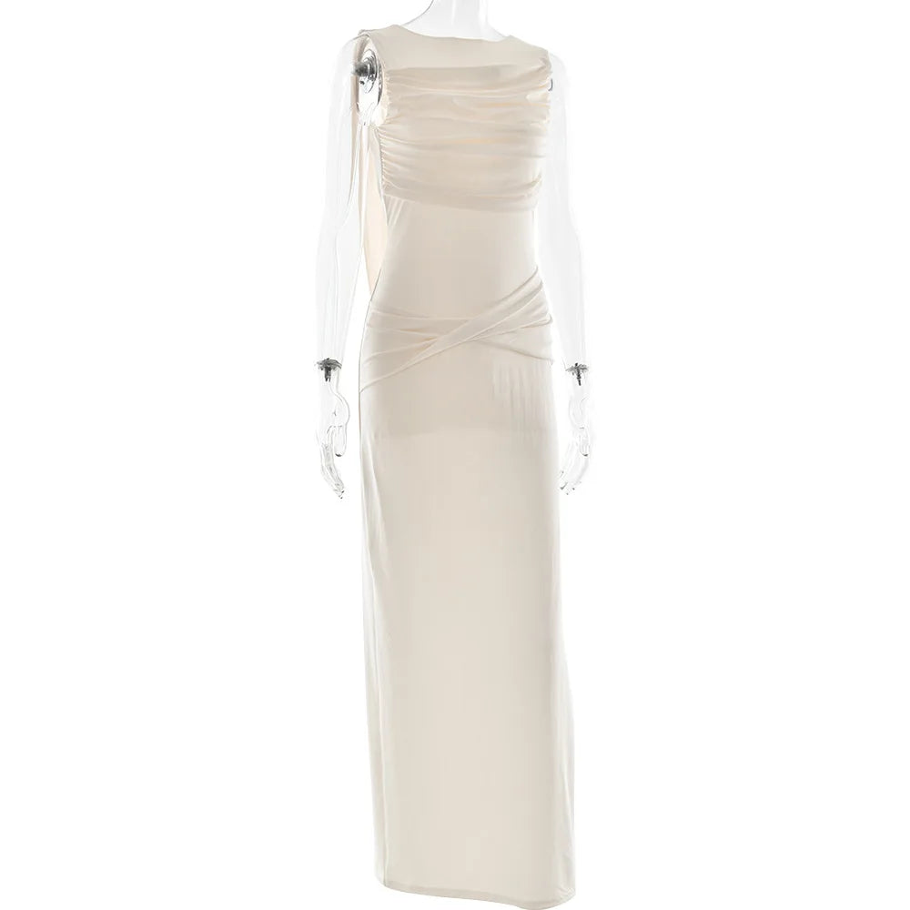 Backless Ruched Sexy Maxi Dress Women Summer O Neck High Split Bodycon Elegant Long Dress Fashion Gown Sleeveless Dresses 2025