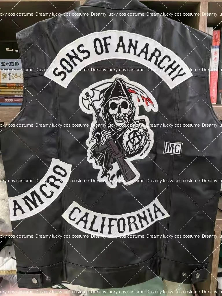 Son of Chaos in Motorcycle Style: Harley Motorcycle PU Leather Embroidered Vest Kam Shoulder Punk Fashion Leather Coat for Men