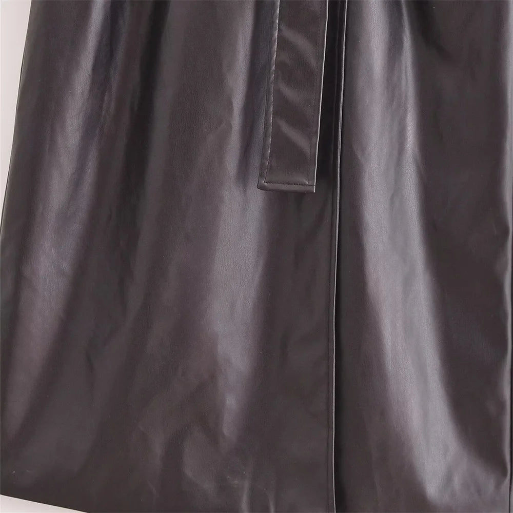 autumn new European and American style commuting lapel with belt faux leather loose long windbreaker jacket