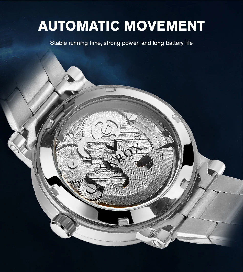 Luxury Brand GMT Time Zone Moon Phase Automatic Movement Man Watch Stainless Steel Skeleton Mechanical Waterproof Male Clockwork