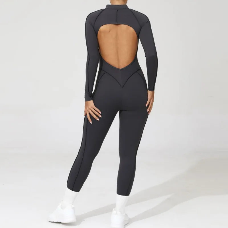 Women's Tracksuit Gym Workout Sports Clothes Outfit Zipper Jumpsuit Yoga Fitness Overalls Set Open Back Bodysuits Suit for Women