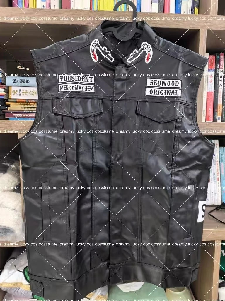 Son of Chaos in Motorcycle Style: Harley Motorcycle PU Leather Embroidered Vest Kam Shoulder Punk Fashion Leather Coat for Men