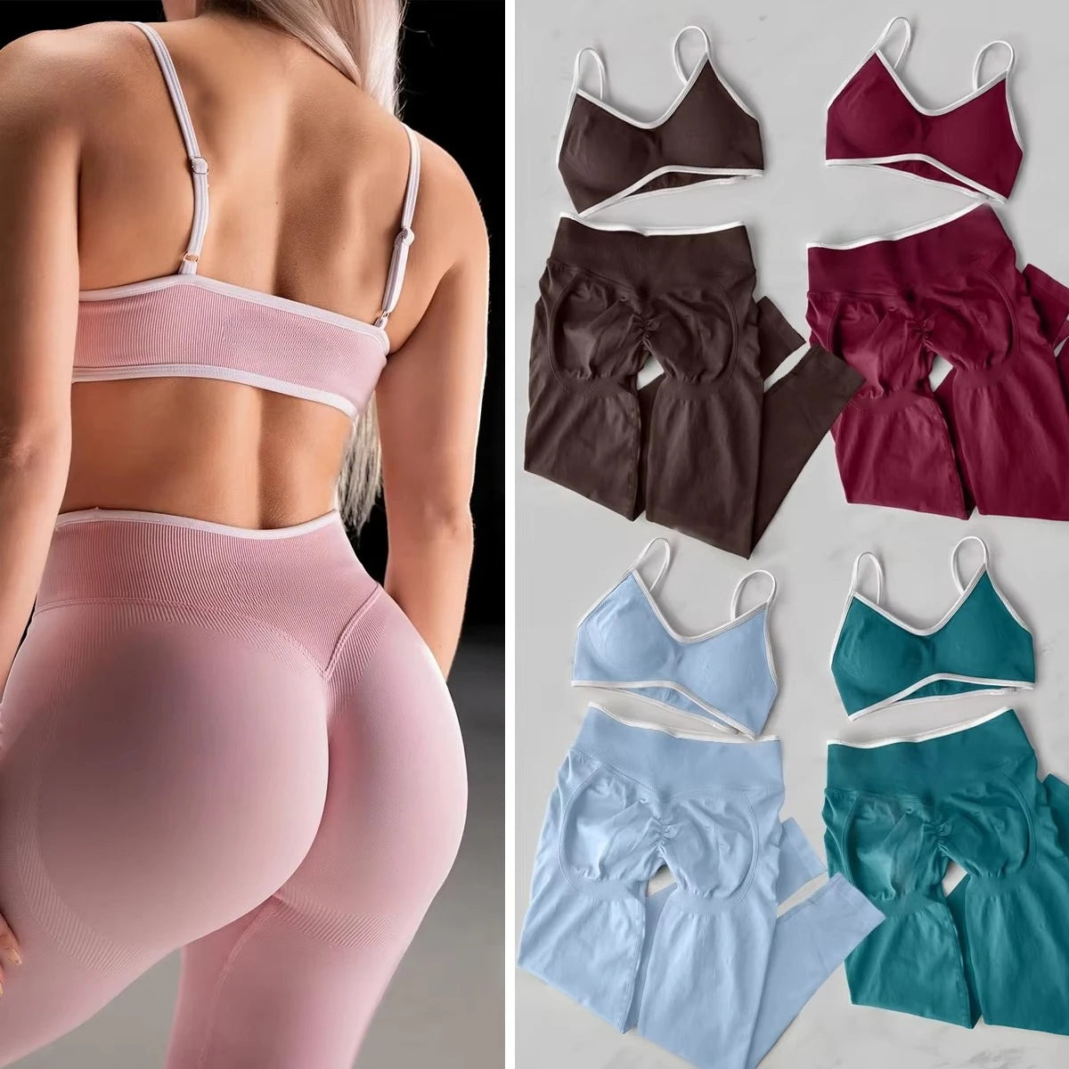 2Pcs Women's Gym Yoga Set Seamless High Waist Leggings Sports Bra Top Workout Outfit Fitness Activewear Running Training Clothes