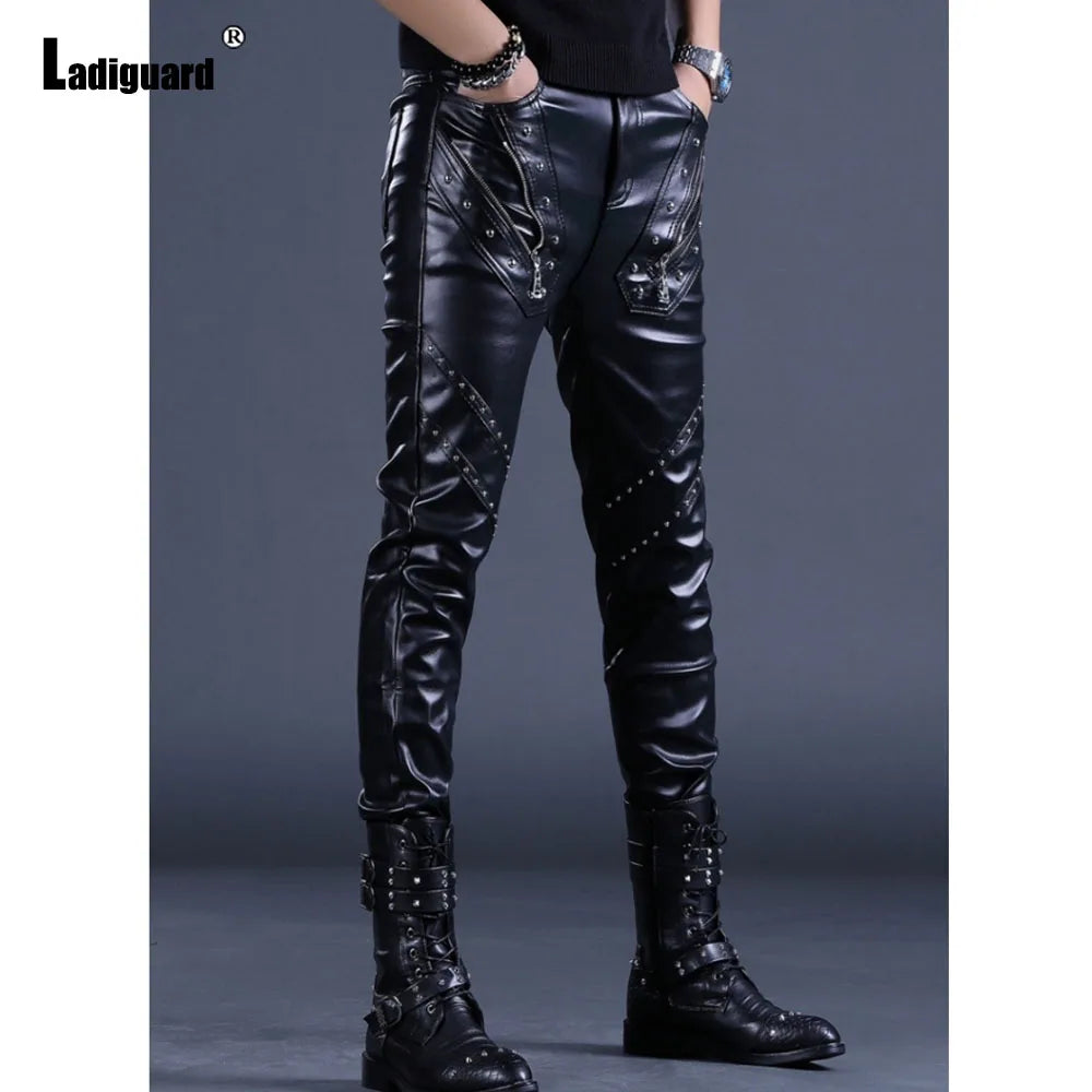 Men Fashion Rock Style PU Leather Pants Sexy Night Club Dance Pants Men's Rivets Zipper Faux Leather Slim Motorcycle Trouser New