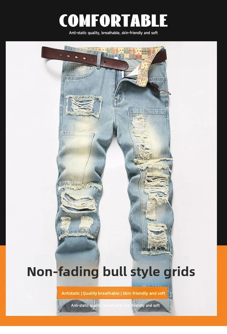Autumn Men's New Light Blue Slim Fit Jeans Men's Ripped Loose Jeans Elastic Hole Versatile High Street Denim Pants Retro Washed