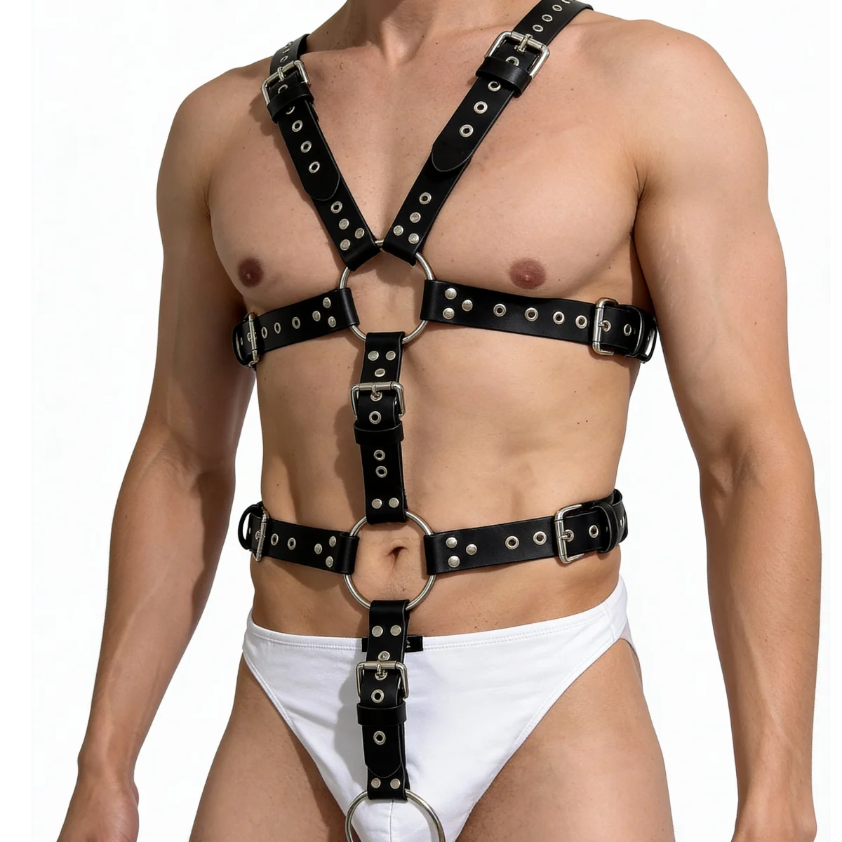 Men Punk Gothic PU Leather Body Harness with O‑Ring Decor Suspender Set, Adjustable Festival Cosplay Party Decor Accessory