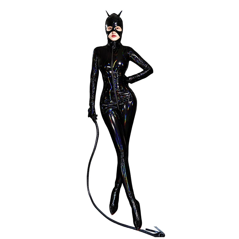 Adult Cat Girl Cosplay Costume Women Sexy Shiny Leather PU Zipper Open Crotch Bodysuit Tights One-piece Unitard Leotard Jumpsuit