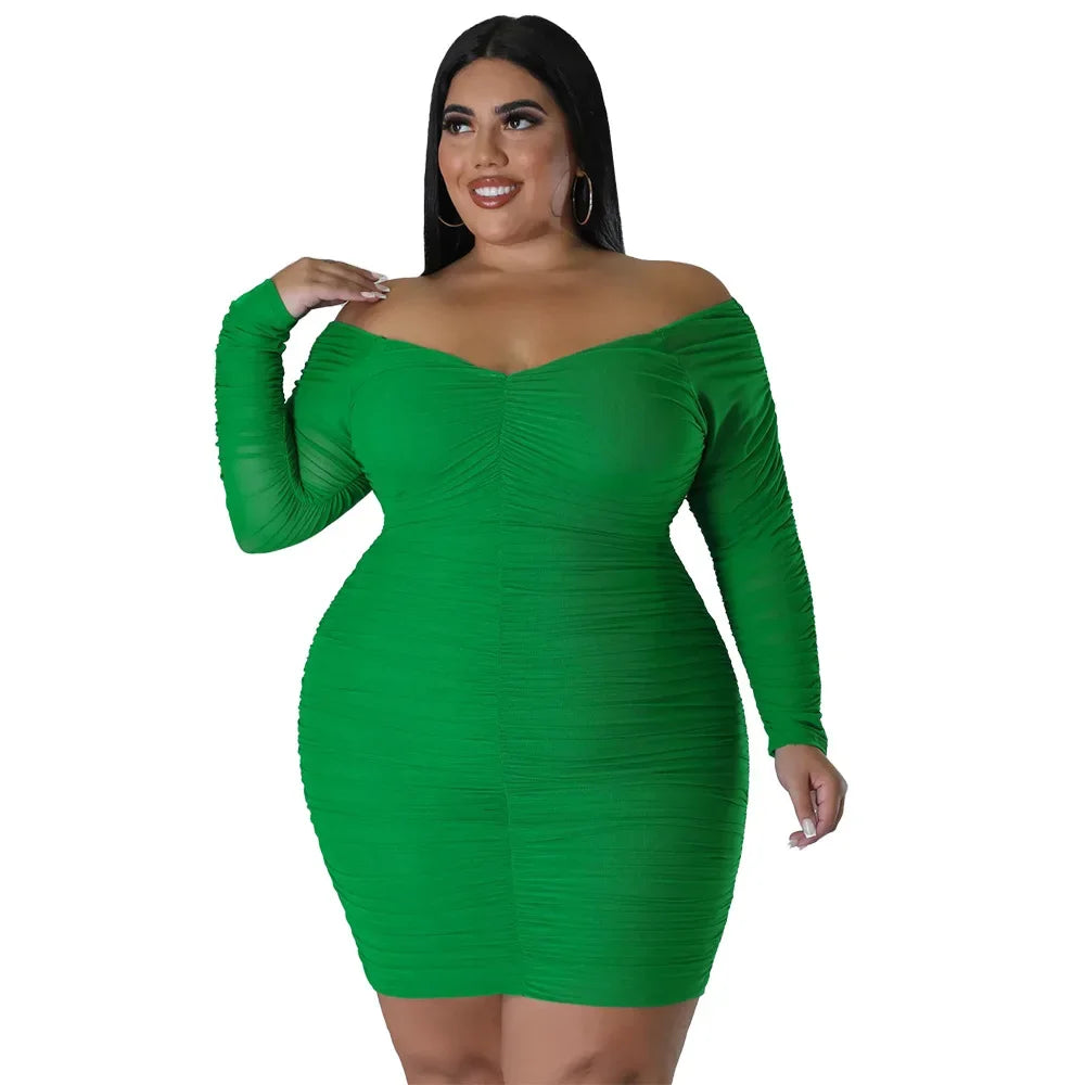 Plus Size N7697 Autumn New Women's Dress Sexy Nightclub Style Wrap Chest Spliced Mesh Sleeves Covering Buttock Clothing