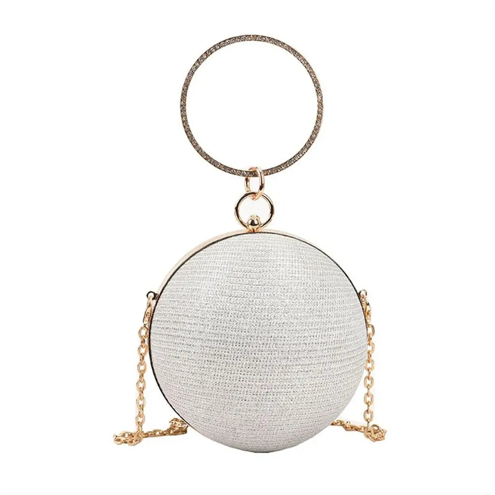 Elegant Circular Evening Bag Gold Bright Silk Rhinestone Decorative Chain Banquet Clutch Shoulder Bags Wedding Party