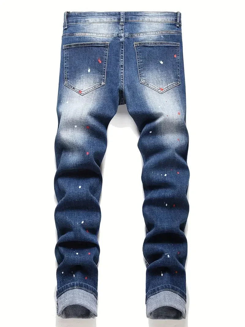Men Y2K Stretchy Denim Jeans Ripped Skinny Letter Print Elastic Waist Casual Pants for Men Hole Slim Fit Denim Hip Hop Trousers