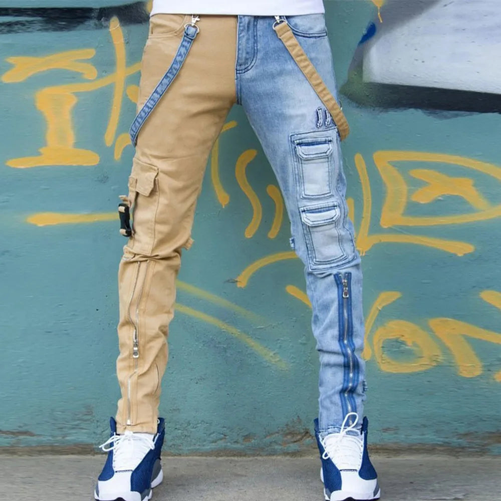 Men Jeans Long Pant Denim Pencil Pants Pockets Splice Zipper Slim Fit High Waist Regular Casual Straight Trousers Autumn Winter