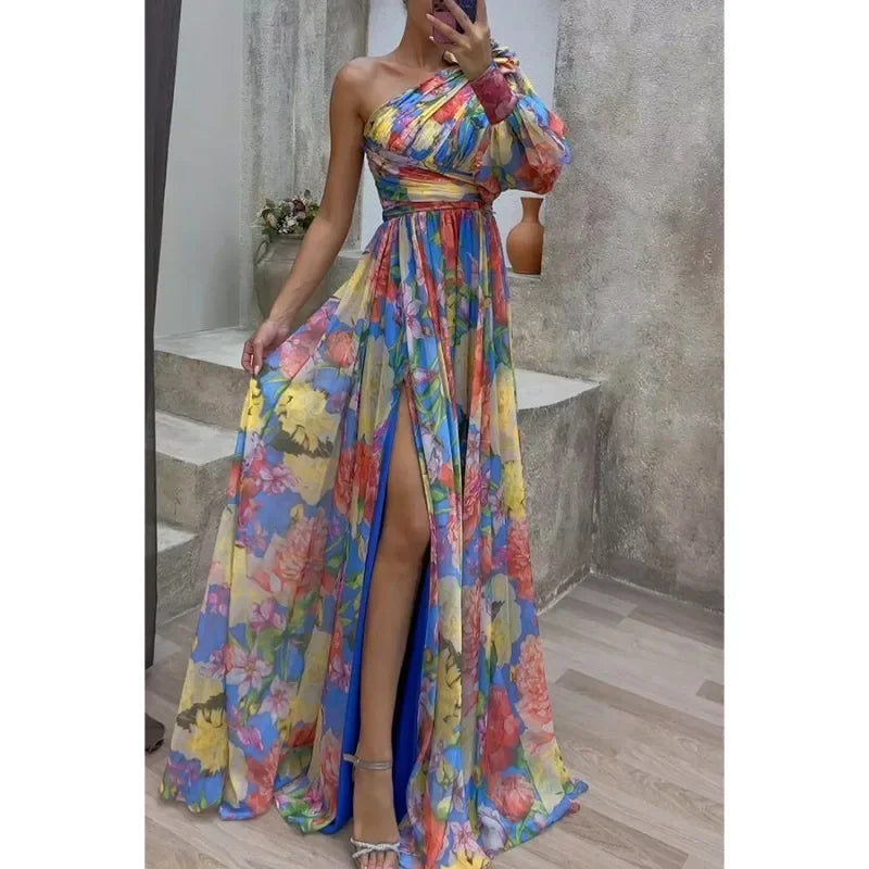 Women's Casual Off Shoulder Long Sleeved Waist Tied Dress with Slanted Collar Holiday Party Fashion Print Slit Dress