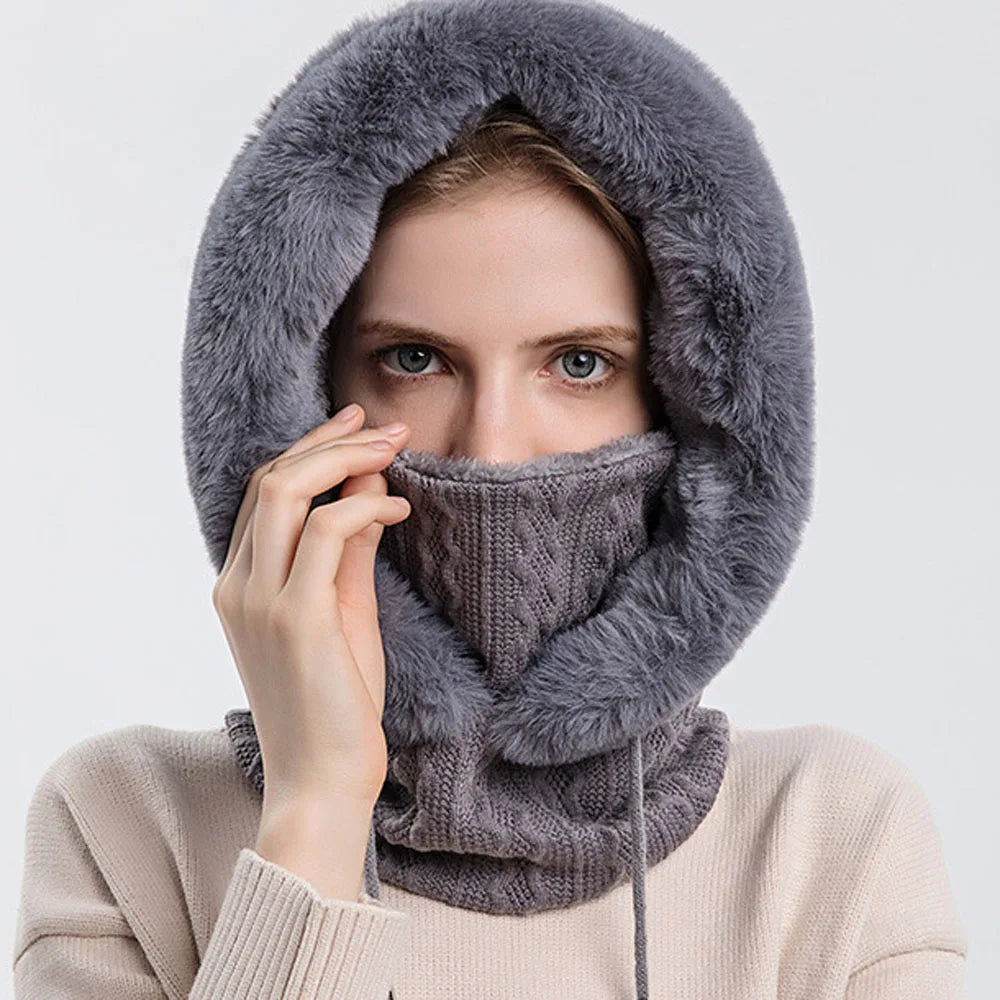 Winter Warm Beanie Hats Mask Scarf Ring Balaclava Hooded Pullover Knitted Hat One Piece Drawstring Hooded Outdoor Keep Warm Caps