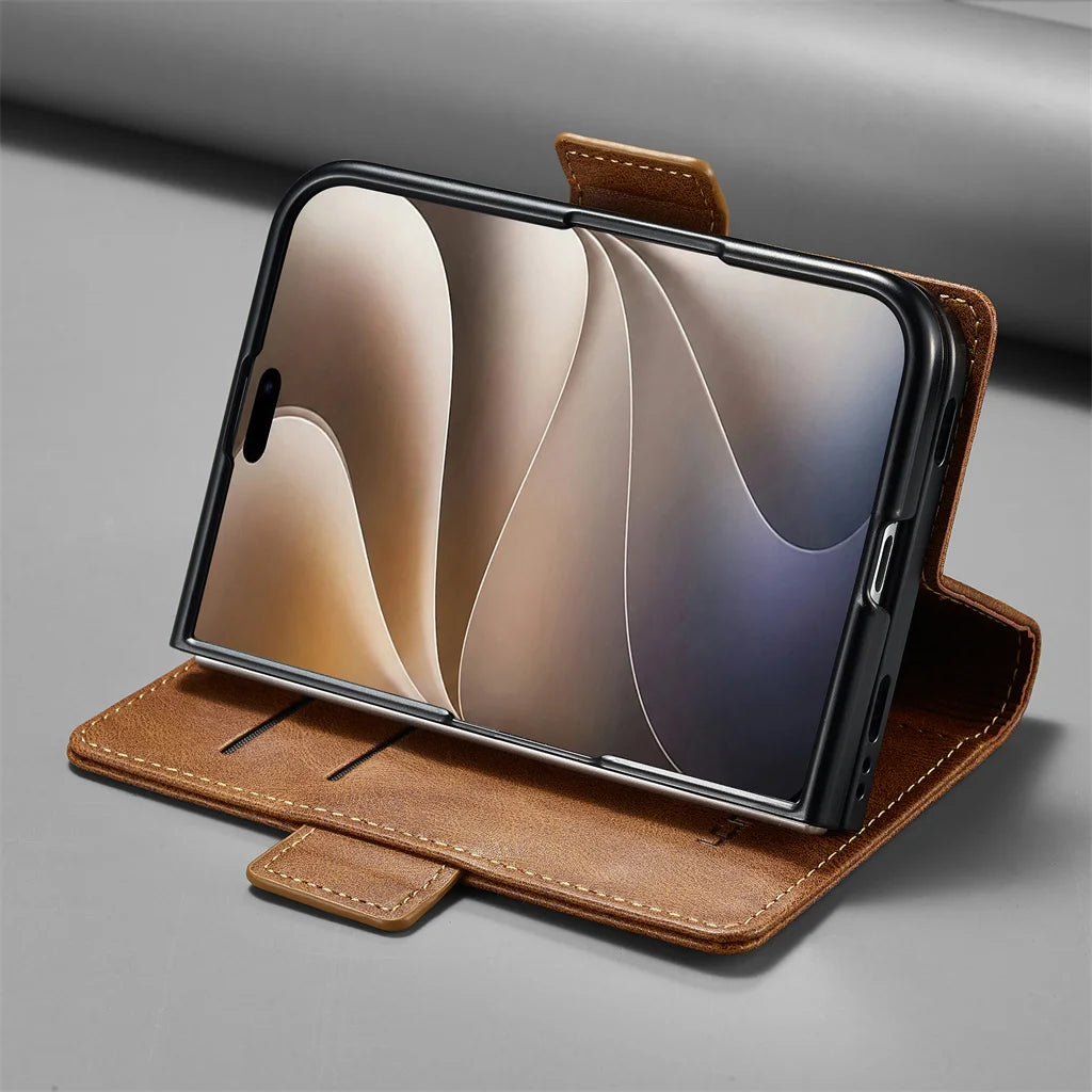 Business Leather Wallet Phone Case For Apple iPhone Duo RFID Blocking Credit Card Holder Hinge Protective Shockproof Full Cover
