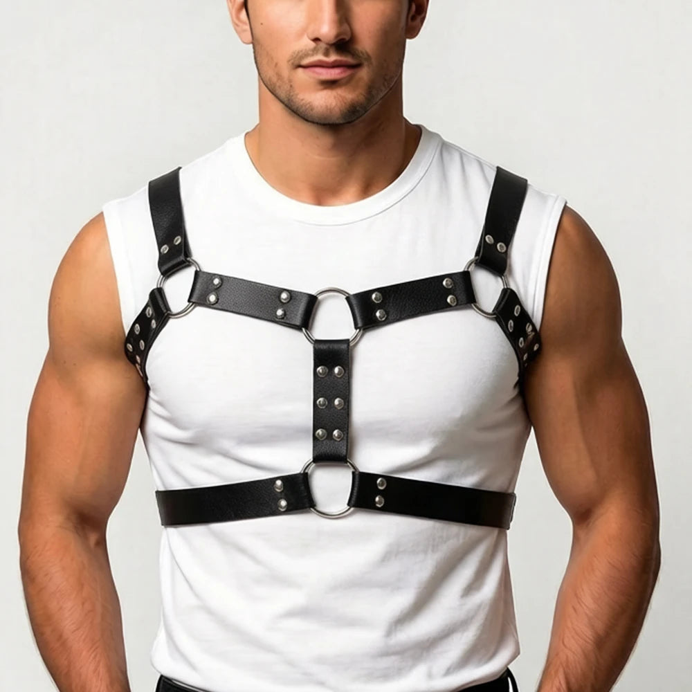 Men PU Leather Chest Harness Belt Adjustable Body Waist Strap with O Ring Rivet Punk Gothic Halloween Carnival Party Accessories