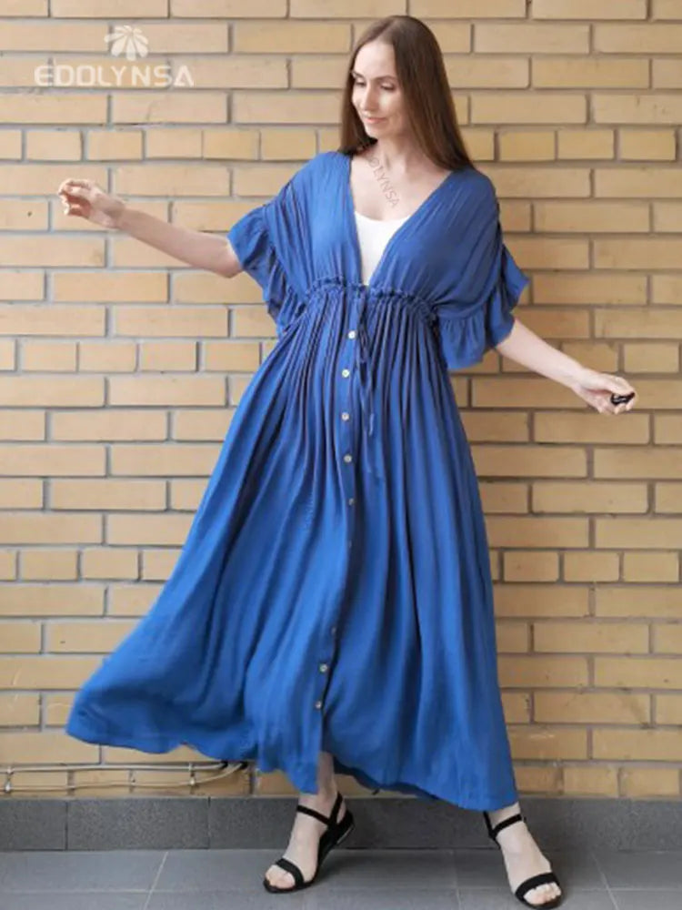 Sexy Deep V-neck Butterfly Sleeve Self Belted High Waist Button Front Open Summer Beach Dress WhiteTunic Women Beachwear Q1208