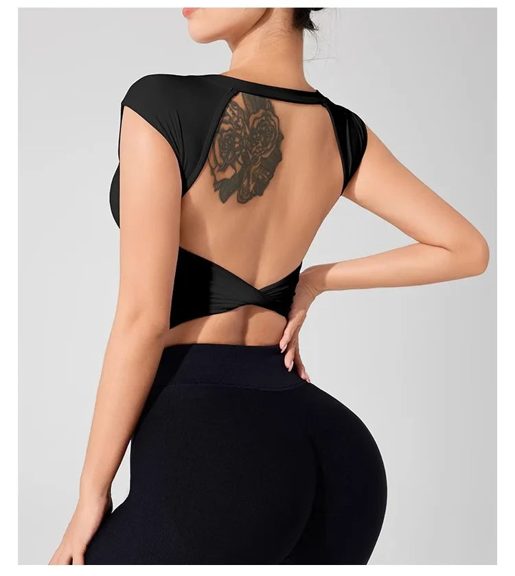 Women's Backless Fitness Clothes with Fixed Chest Pad Beautiful Top Short Sleeve Dance Sport  T-Shirt Yoga Wear