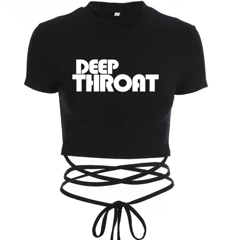 Deepthroat Princess Women Crop Top Black Short Bandage Tee Tops Girls Sexy TShirt Harajuku High Elasticity Tight Short Sleeves