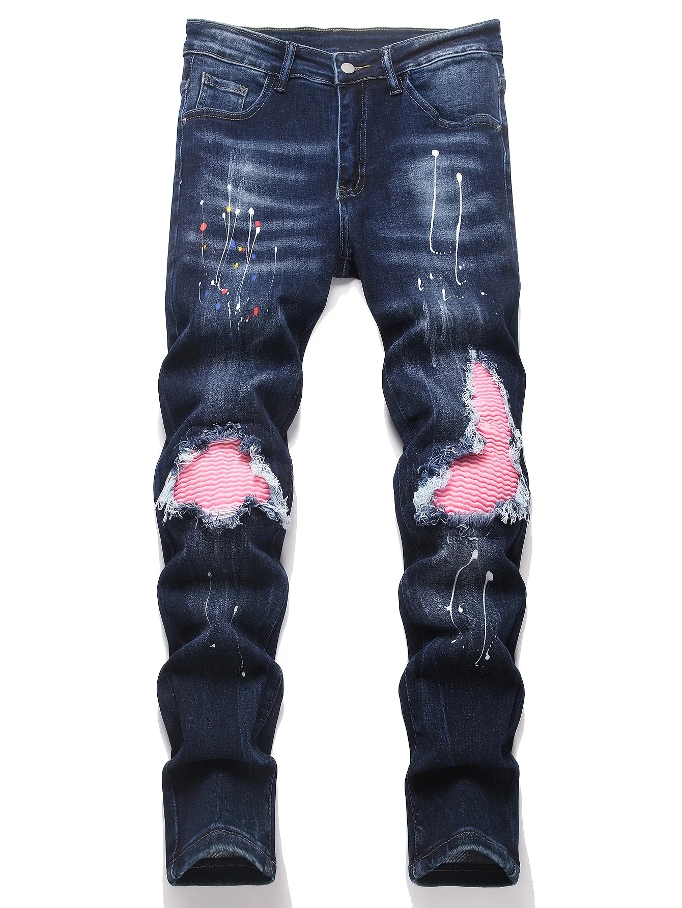 Men Skinny High Stretch Ripped Denim Jeans for Man Casual Pants Slim Fit Biker Trousers Hole Patchwork Paint Splatter Male Jeans