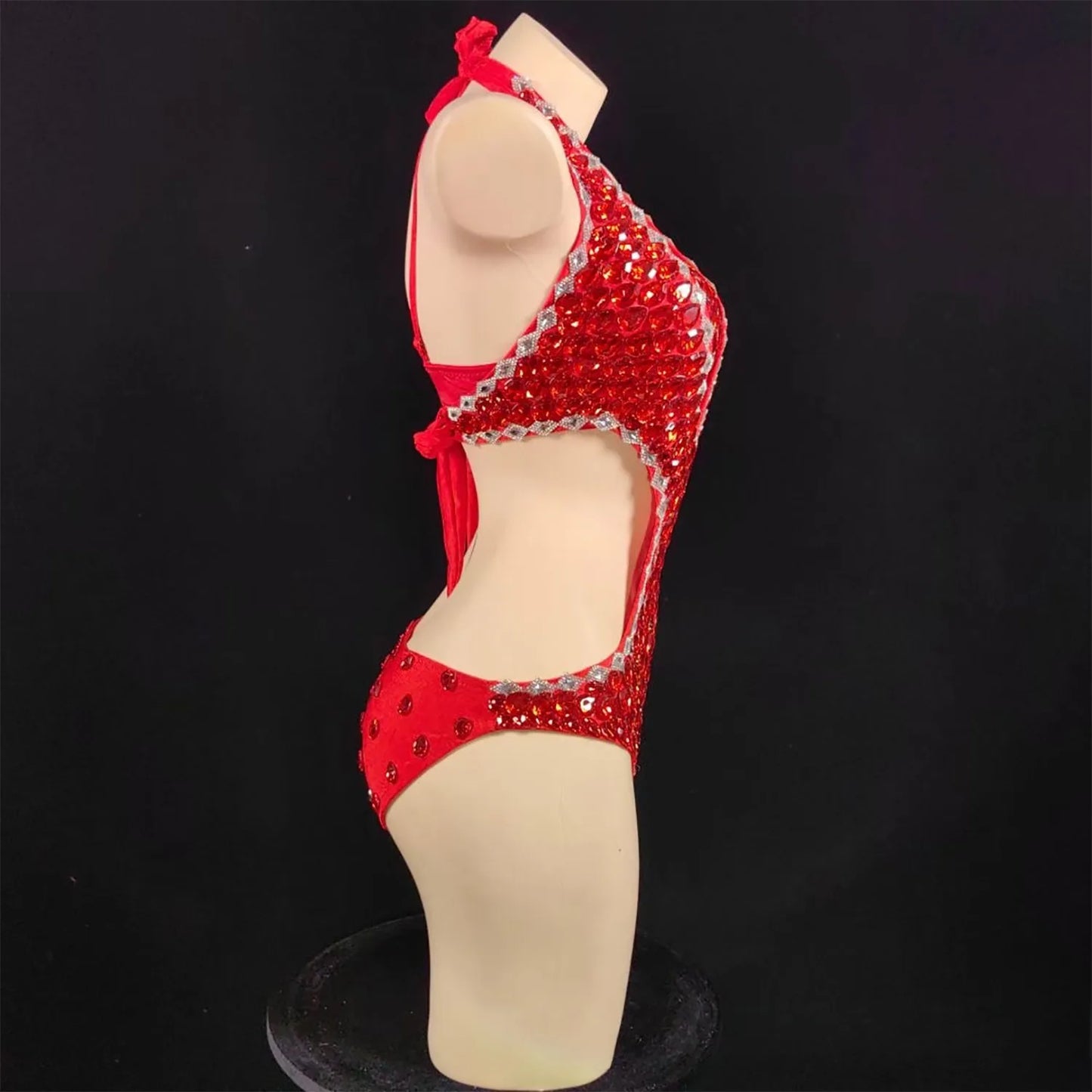 Women Luxury Rhinestones Beading Bodysuits Stage Costumes Sexy Sparkly Halter Bra Bikini Showgirls Dress Special Occassion