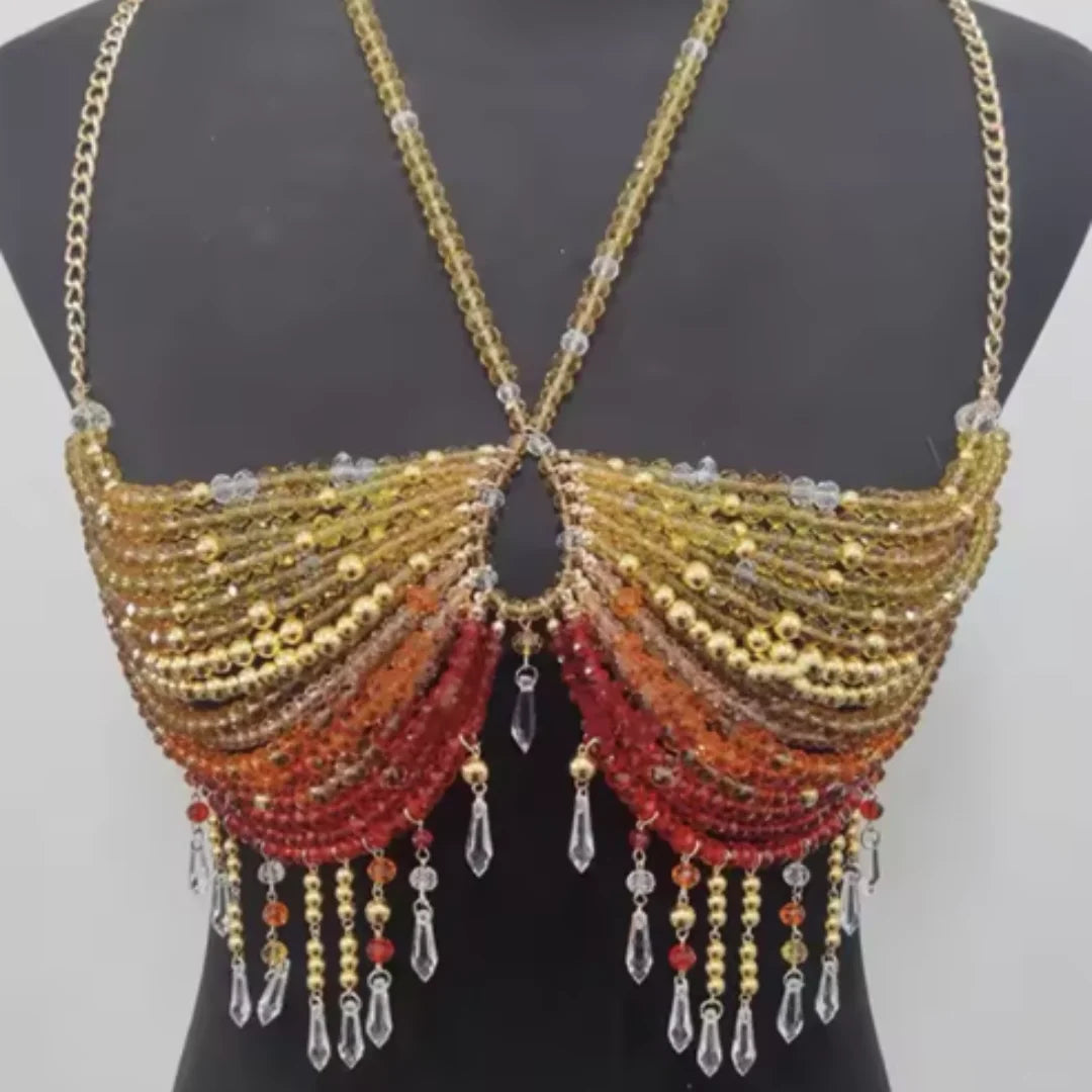 Handmade  Lingerie Harness Beaded Bra Halter Neck See-through Tassel Hollow Out Tops Body Beachwear Exaggerated Beaded Neck Bra